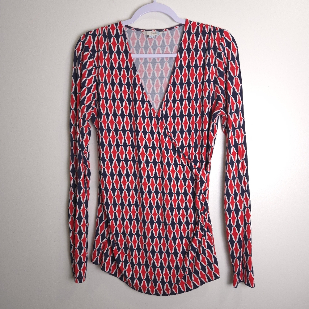 BODEN Geometric V neck Wrap Side Shirring Red Blue Blouse Top 10